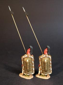 Two Greek Spearmen (red helmet (no horns) large shield, spear at 70 degrees, black ribbon on spear), The Greeks, The Trojan War--two figures #0