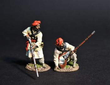 Two Maratha Infantrymen (standing gun pointed down, kneeling loading, red turbans & belts), Maratha Infantry, The Maratha Empire, Wellington in India, The Battle of Assaye, 1803--two figures #0