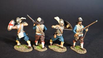 Four Virginia Militiamen (2 readying musket and rest, 2 advancing with sword & shield), The Jamestown Settlement, The Anglo-Powhatan Wars, The Conquest of America--four figures #0