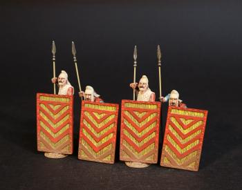Persian Sparabara Spearmen Behind Shields (2 standing, 2 crouching) (red and yellow shield), The Achaemenid Persian Empire, Armies and Enemies of Ancient Greece and Macedonia--four figures #0