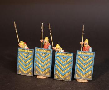 Persian Sparabara Spearmen Behind Shields (2 standing, 2 crouching) (blue and yellow shield), The Achaemenid Persian Empire, Armies and Enemies of Ancient Greece and Macedonia--four figures #0