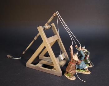 Mongolian “Thunder Crash Bomb” Trebuchet, The Mongol Invasions of Japan, 1274 and 1281--trebuchet and three crew figures (1 each clad in brown, blue, and dark green) #0