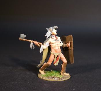 Beothuk Warrior in wolfskin advancing with medium shield and stone axe, Skraelings, The Conquest of America--single figure #0