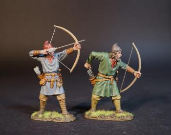 Two Saxon Archers (ready to loose (blue tunic), leaning reaching for arrow (green tunic)), Angla Saxon/Danes, The Age of Arthur--two figures #0