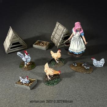"Here, Chick, Chick, Chick", Amy Feeding Chickens, with Chicken Shelters, 1855-68--single figure, two shelters, five chickens, and accessories #0