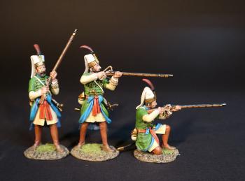 Three Janissaries in Green uniforms (standing readying, standing firing, kneeling firing), Janissaries, The Ottoman Empire, The Great Siege of Malta, 1565, The Crusades--three figures #0