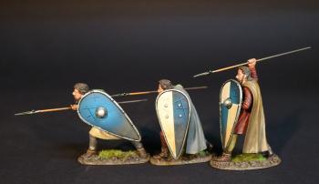French Spearmen with kite shields B, European Allied Infantry, Norman Army, The Age of Arthur--three standing figures (crouching thrusting underarm, crouching thrusting overarm, standing stabbing down) #0
