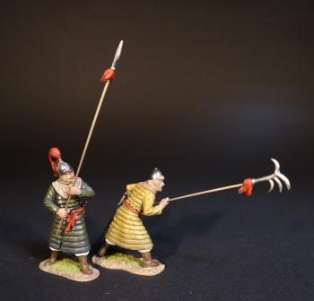 Two Korean Auxillary Spearman, The Mongol Invasions of Japan, 1274 and 1281--two figures (in tan armor pointing spiked hook, in green armor holding spear upright) #0