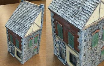 Three Story Building with Pitched Roof Painted (stone/stucco)--7.5 x 7.0 x 16.0--AWAITING  RESTOCK. #0