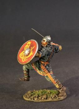 Viking Svinfylking Warrior Charging (red shield with coiled yellow serpent), The Vikings, The Age of Arthur--single figure--AWAITING RESTOCK. #0