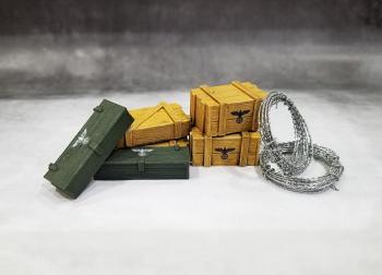 Small Crates (German)--set of 6 (2 each of 3 types) plus 2 coils of barbed wire (approx. 1 m each) #0