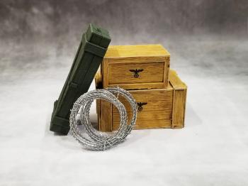 Large Crates (German)--set of 3 plus 2 coils of barbed wire (approx. 1 m each)--AWAITING RESTOCK. #0