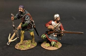 Arquebus and Crossbowman #5 (kneeling loading arquebus, standing loading crossbow), Spanish Conquistadors, Conquest of America--two Conquistador figures #0
