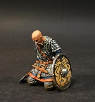 Kneeling Viking Warrior with axe and bald head (black shield with yellow monster pattern), the Vikings, The Age of Arthur--single figure #0