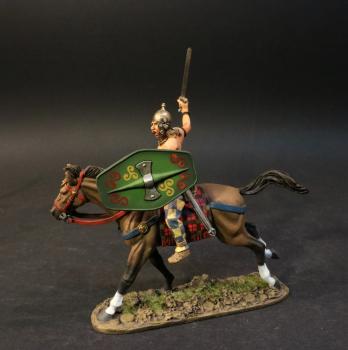 Gaul Cavalry #7B (green oblong shield with yellow and red designs), Ancient Gauls, Armies and Enemies of Ancient Rome--single mounted figure with sword #0