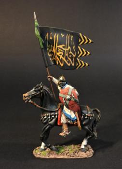 Andalusian Mercenary Knight with black banner with yellow Arabic script, The Almoravids, El Cid and the Reconquista, The Crusades--single mounted figure with flag #0