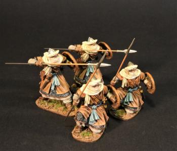 Four Almoravid Spearmen with Shields (brown clothes) (2 standing, spear ready at shoulder height, 2 kneeling ready with spear), The Almoravids, El Cid and the Reconquista, The Crusades--four figures--ONE IN STOCK. #0