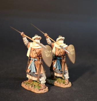 Almoravid Spearmen with Shield (tan clothes) (standing, ready to thrust spear overhand), The Almoravids, El Cid and the Reconquista, The Crusades--two figures with spears #0