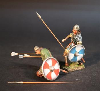 Two Wounded Saxons (standing dropping spear blue/white shield & kneeling shot with arrows with white shield with red curved cross), Anglo-Saxon/Danes, The Age of Arthur--two figures #0