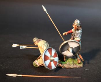 Two Wounded Saxons (standing dropping spear with quartered black & white shield & kneeling shot with arrows with shield with 10 alternating red & white wedges), Anglo-Saxon/Danes, The Age of Arthur--two figures #0