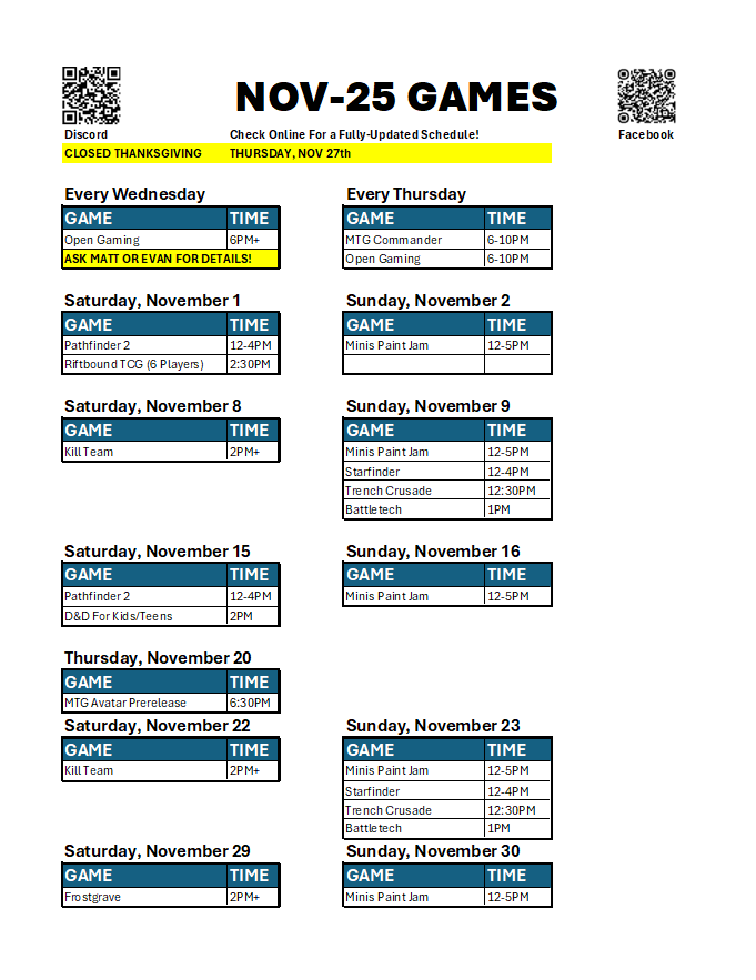 November 2025 Games Schedule