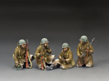 Sitting, Smoking, & Waiting--four seated WWII American GI figures in overcoats #1