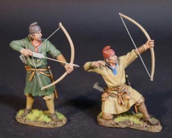 Image of Two Saxon Archers (standing ready to loose (green tunic), kneeling having loosed (tan tunic)), Angla Saxon/Danes, The Age of Arthur--two figures
