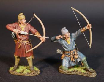Image of Two Saxon Archers (standing ready to loose (red tunic), kneeling having loosed (blue tunic)), Angla Saxon/Danes, The Age of Arthur--two figures