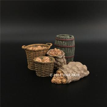 Potatoes & Wooden Barrel Set--two baskets, two sacks, one barrel #49116