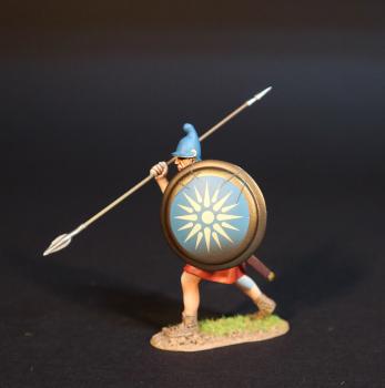 Image of Macedonian Hypaspist, The Macedonian Phalanx, Armies and Enemies of Ancient Greece and Macedonia--single figure carrying spear overhand and shield (white spikey pattern on blue)