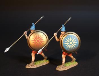 Image of Two Macedonian Hypaspists, The Macedonian Phalanx, Armies and Enemies of Ancient Greece and Macedonia--single figure carrying spear overhand and shield