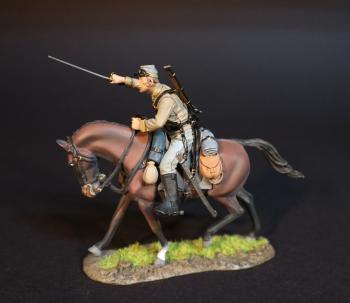 Image of Confederate Cavalryman (tan shirt, dark brown horse), Cavalry Division, The Army of Northern Virginia, The Battle of Brandy Station, June 9th, 1863, The American Civil War, 1861-1865--single mounted figure with sword pointing up and forward