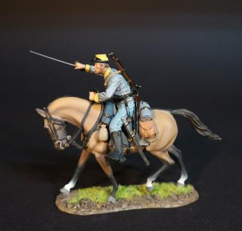 Image of Confederate Cavalryman (blue shirt, tan horse), Cavalry Division, The Army of Northern Virginia, The Battle of Brandy Station, June 9th, 1863, The American Civil War, 1861-1865--single mounted figure with sword pointing up and forward