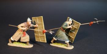 Image of Two Korean Auxillary Spearman (one each in green and tan armor), The Mongol Invasions of Japan, 1274 and 1281--two figures (tan, leading with shield; green, spear pointed up and forward)