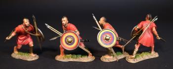 Image of Four dyrmachid Warriors, The Carthaginians, The Battle of Zama, 202 BCE, Armies and Enemies of Ancient Rome--four figures carrying javelins and round shields (2 holding third javelin, 2 wielding swords)