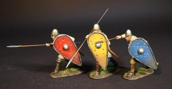 Breton Infantry, Norman Army, The Age of Arthur--three figures with kite shields (thrusting underhand (red), thrusting overhand (blue), stabbing downward (yellow)) #0