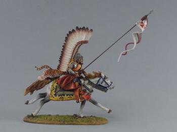 Image of Hussar Moving Forward (D), Polish Winged Hussars--single mounted figure (white feathers) with lance outstretched (red and white pennant)