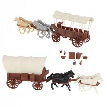 Image of BMC CTS Western Covered Wagons - Brown Pioneer Horse Cart 24pc Playset