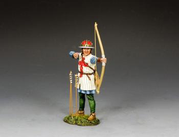 Image of "English Archer Letting Loose" (blue tunic)--single figure with three arrows jutting out of base