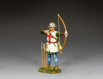 Image of "English Archer Letting Loose" (B)--single figure (green tunic) with three arrows jutting out of base