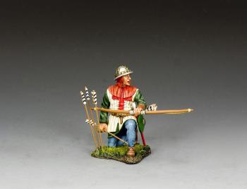 Image of "English Archer Kneeling Ready" (B)--single kneeling figure (green tunic) with three arrows jutting out of base