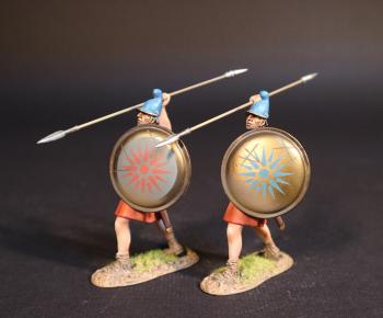 Image of Two Macedonian Hypaspist (Blue, Red Markings on Shield), The Macedonian Phalanx, Armies and Enemies of Ancient Greece and Macedonia--two figures carrying spear overhand and shield