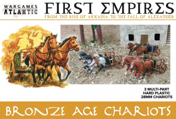 Image of 28mm First Empires Bronze Age Chariots with Horses--three unpainted multi-part hard plastic chariots