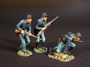 Image of Three Dismounted Troopers, Union Cavalry, The Army of the Potomac, The Battle of Brandy Station, June 9th, 1863, The American Civil War, 1861-1865--three advancing foot figures (crouched, carbine pointed forward, carbine held ready)