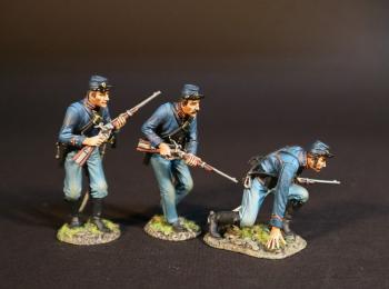 Image of Three Dismounted Troopers, 2nd U.S. Cavalry Regiment, The Army of the Potomac, The Battle of Brandy Station, June 9th, 1863, The American Civil War, 1861-1865--three advancing foot figures (crouched, carbine pointed forward, carbine held ready)