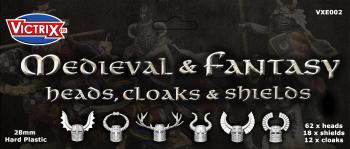 Image of 28mm Medieval & Fantasy Heads, Cloaks, & Shields--62 heads, 18 shields, & 12 cloaks