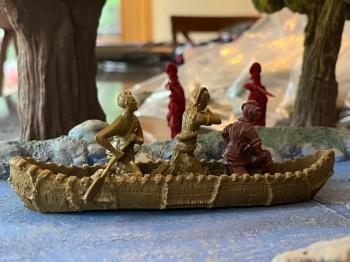 Image of Canoe with Mohawk Indians--dugout canoe and three Mohawk Indians (tan or Maplewood resin)