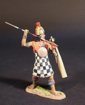 Image of Inca Warrior with Skirt with black and white checks, The Inca Empire, The Conquest of America--single figure with spear raised to throw