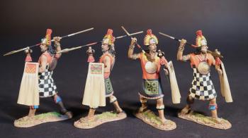 Image of Four Inca Warriors with Skirts (2 with black and white checks and 2 in black with gold designs), The Inca Empire, The Conquest of America--four figures with spears raised to throw