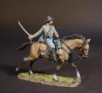 Image of Confederate Cavalryman (gray shirt, tan horse), Cavalry Division, The Army of Northern Virginia, The Battle of Brandy Station, June 9th, 1863, The American Civil War, 1861-1865--single mounted figure with sword pointing up and behind